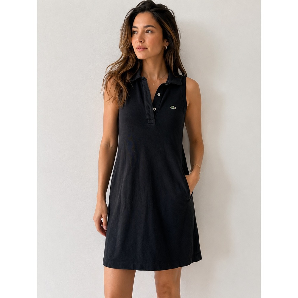 Lacoste Women's Black Sleeveless Polo Dress Size 38 Tennis Gold